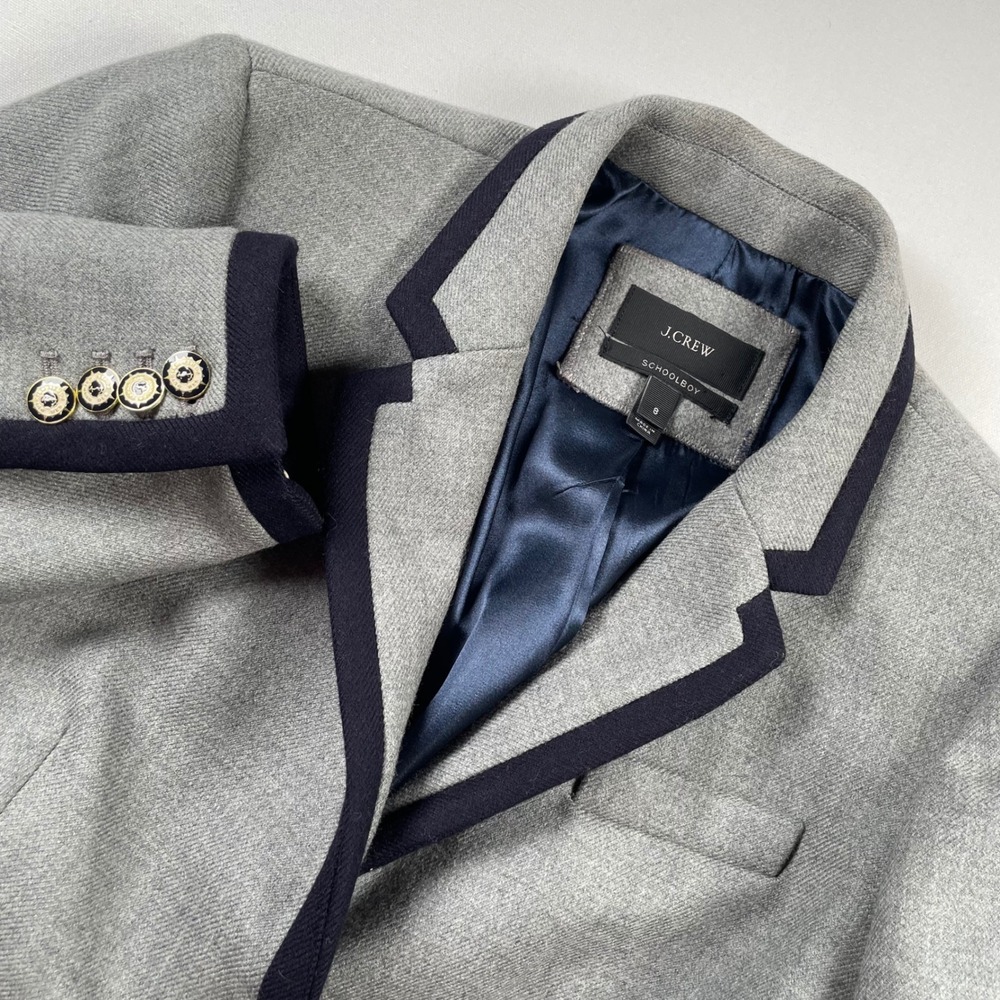 J.Crew Schoolboy Blazer Gray Wool Herringbone Navy Trim Crest Button 8 02711